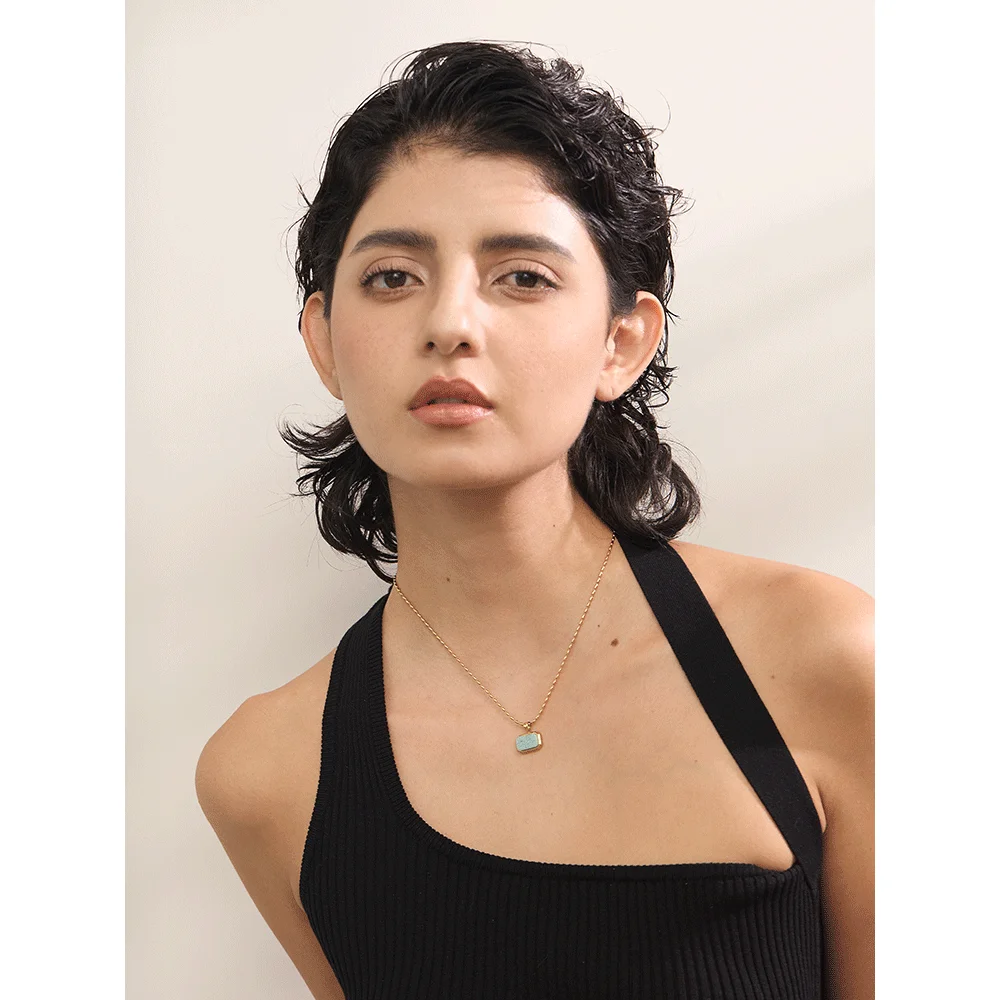 Yhpup Amazonite Square Natural Stone Stylish Pendant Stainless Steel Necklace Chic Exclusive Waterproof High Quality Jewelry