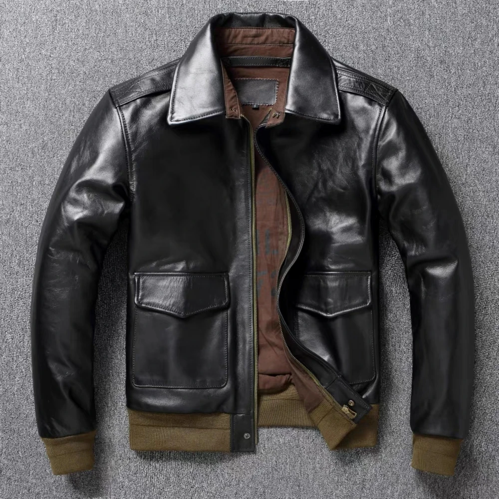 Bomber A2 Tea Core Horse Cropped Motorcycle Natural Loose Coat Military Men's Leather Jacket