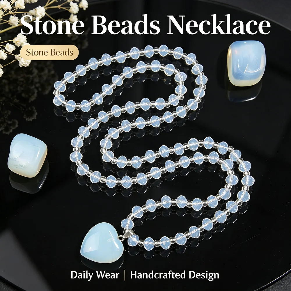 Handmade Opalite Pendant Glass Beaded Wrap Necklace Heart Shape Pendant Women Bohemian Jewelry