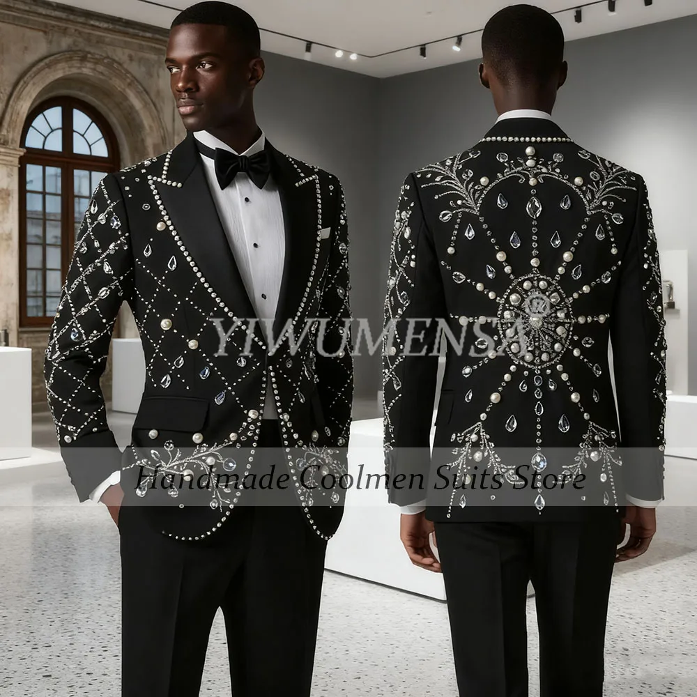 

Male Fashion Crystals Diamond Stones Suit For African Single Breasted Groom Wedding Tuxedos Customized 2 Pieces costumes homme