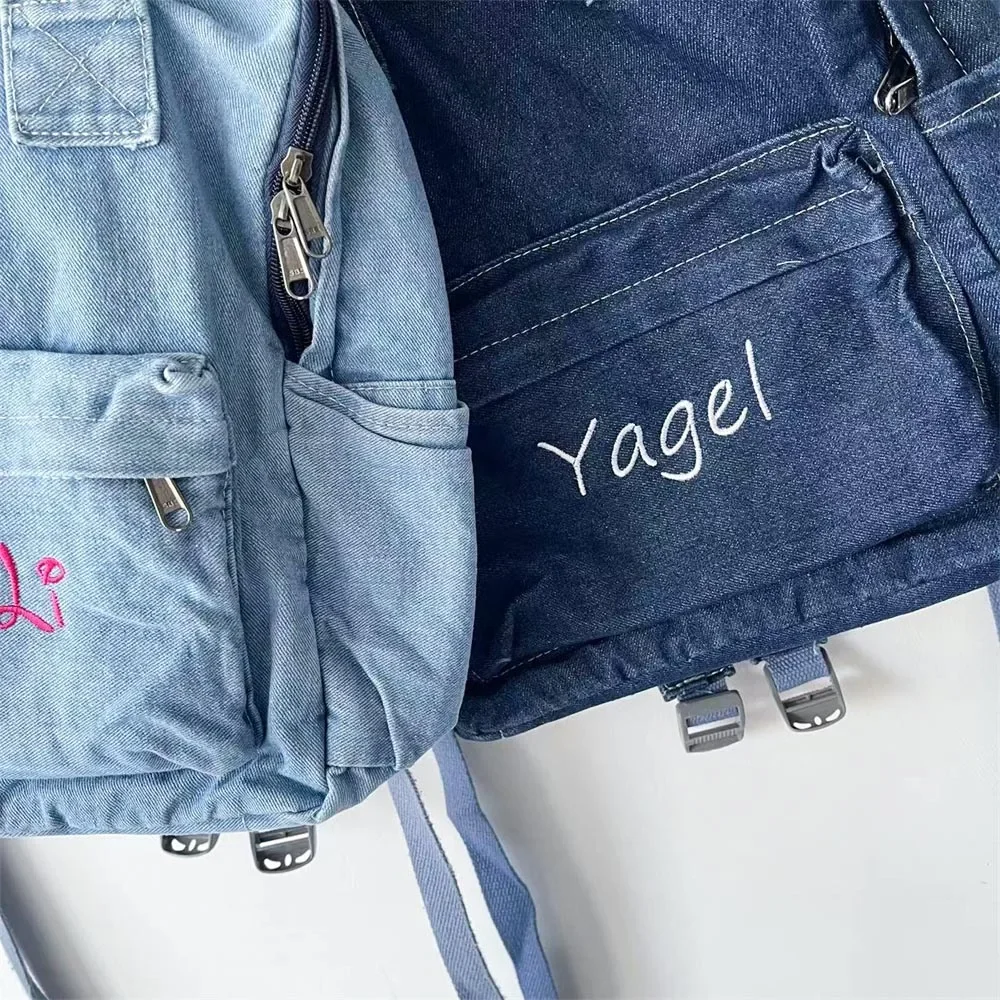 Women's Denim Backpack Personalized Gift Bag Embroidered Name Kids Adult Shoulder Bags Simple College Student Denim Schoolbag