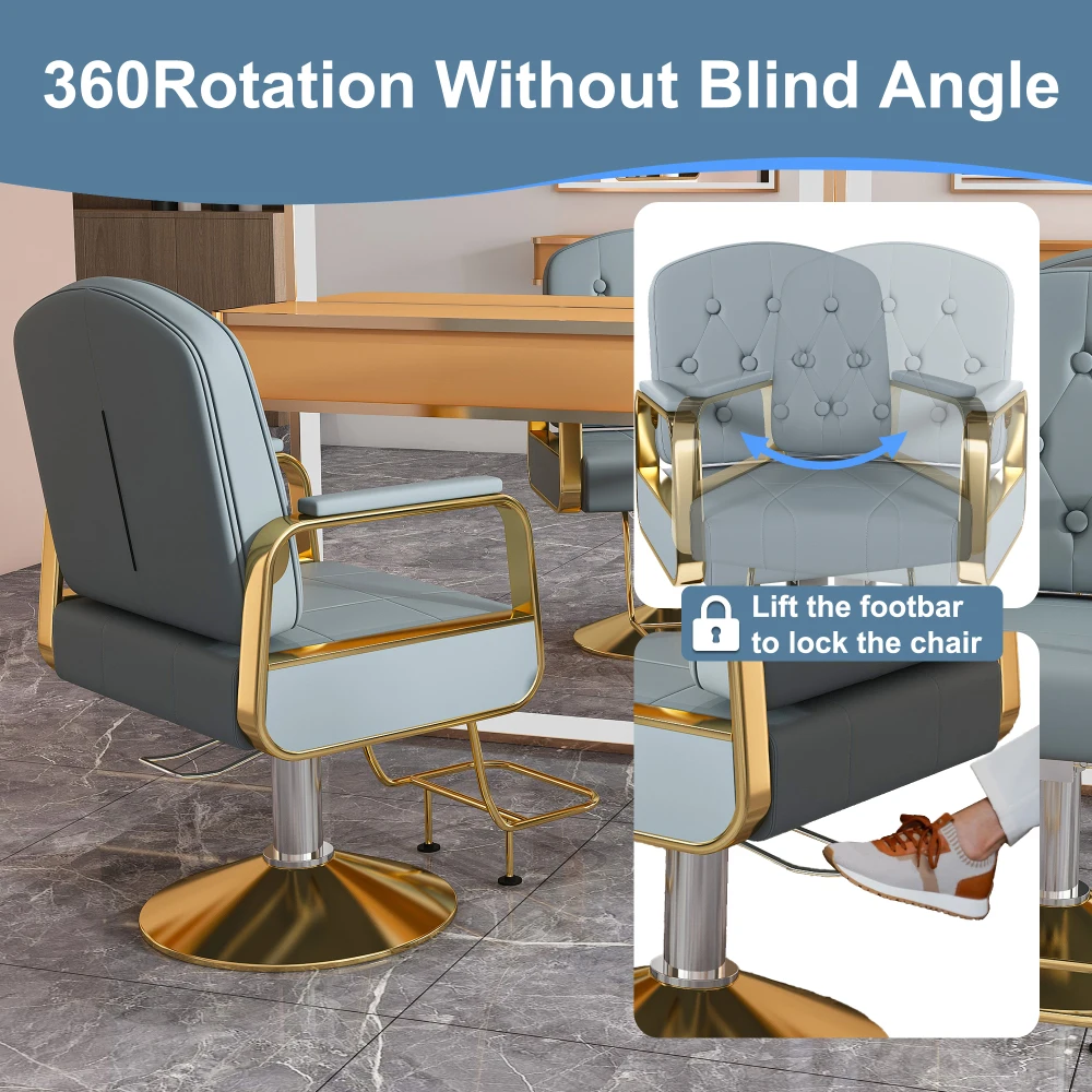 Orraves Hydraulic Salon Chair 360° Swivel - Professional Barber Stylist Chair with Pump, Non-Tilting Hairdressing Chair for Salon Tattoo Spa, Blue Gold Stylist Equipment (Single Pack)