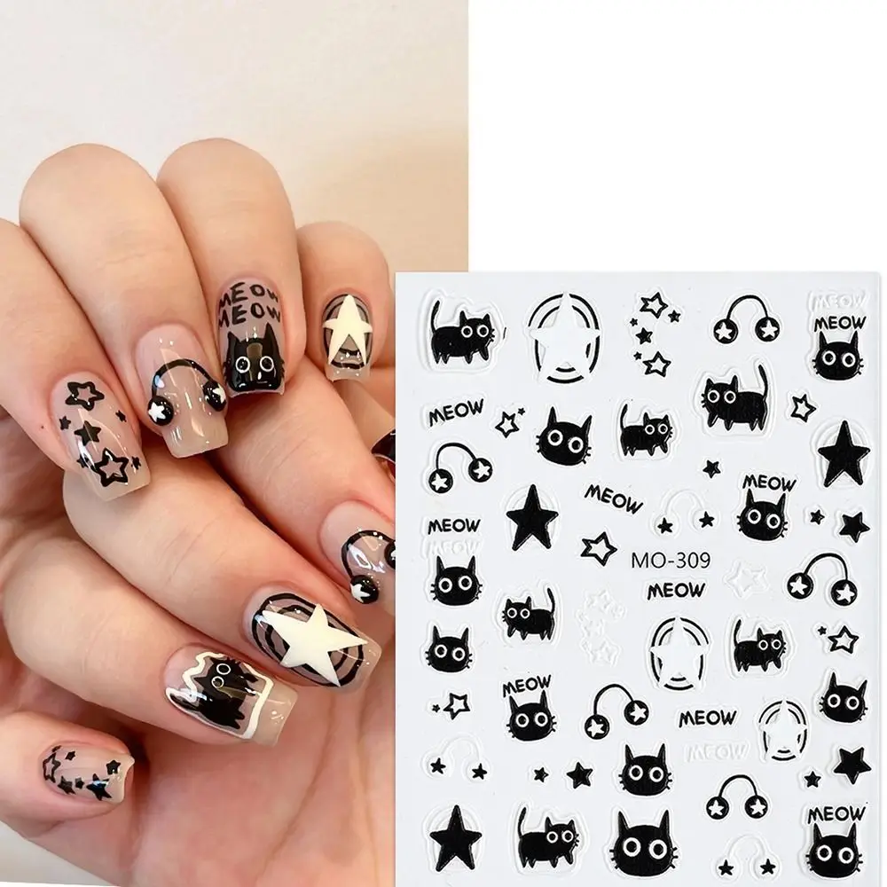 

3D Black Cartoon Cute Cat Nail Stickers Cat Stars Letters Nail Sliders Y2K Korean Japanese Nail Art Manicure Decors