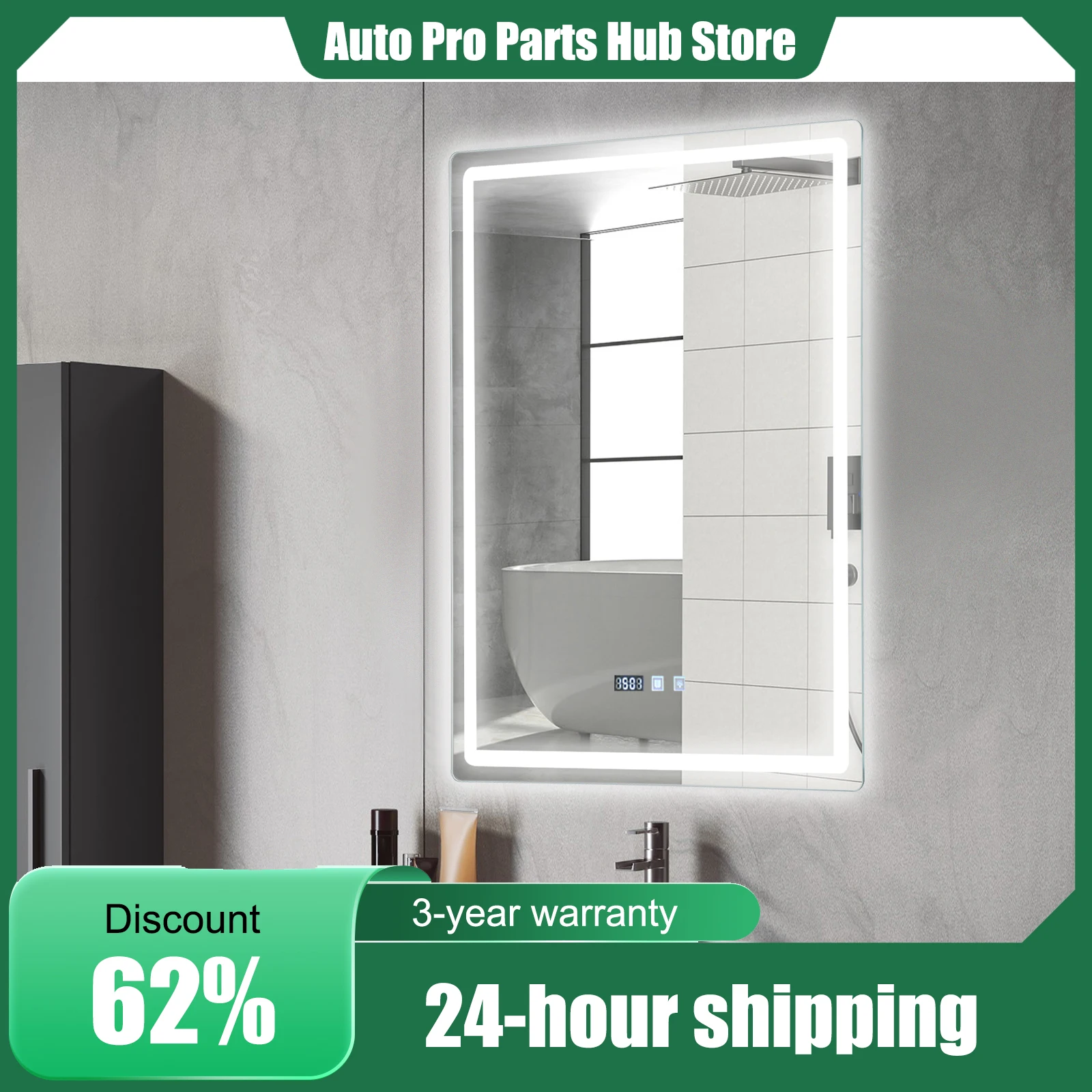 Miroir de salle de bain LED antibuée, miroirs de courtoisie éclairés muraux, avec 3 couleurs à intensité variable, interrupteur tactile, 60x80cm