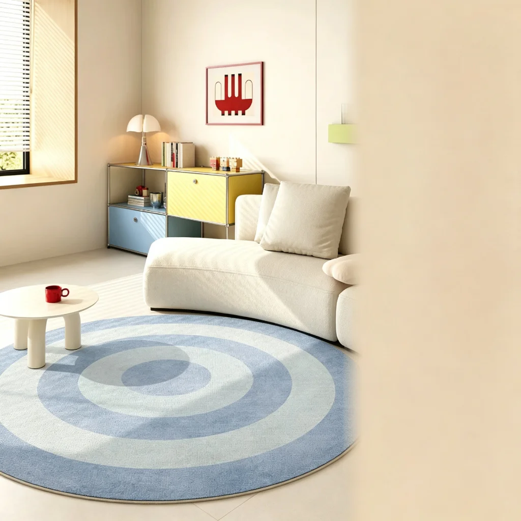 VIKAMA Contemporary Azure White Concentric Ring Band Circular Rug Understated Sleeping Space Room Accent Special Favor Soft Cozy