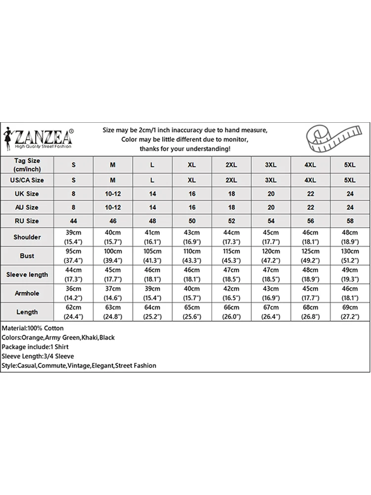 ZANZEA Vintage Koszule Damskie z Bawełny i Lnu Casualowe z Okrągłym Dekoltem, Długim Rękawem, Zapinane na Guziki, Jednolite Kolory, Wiosna 2026, Odzież Damska S-3XL
