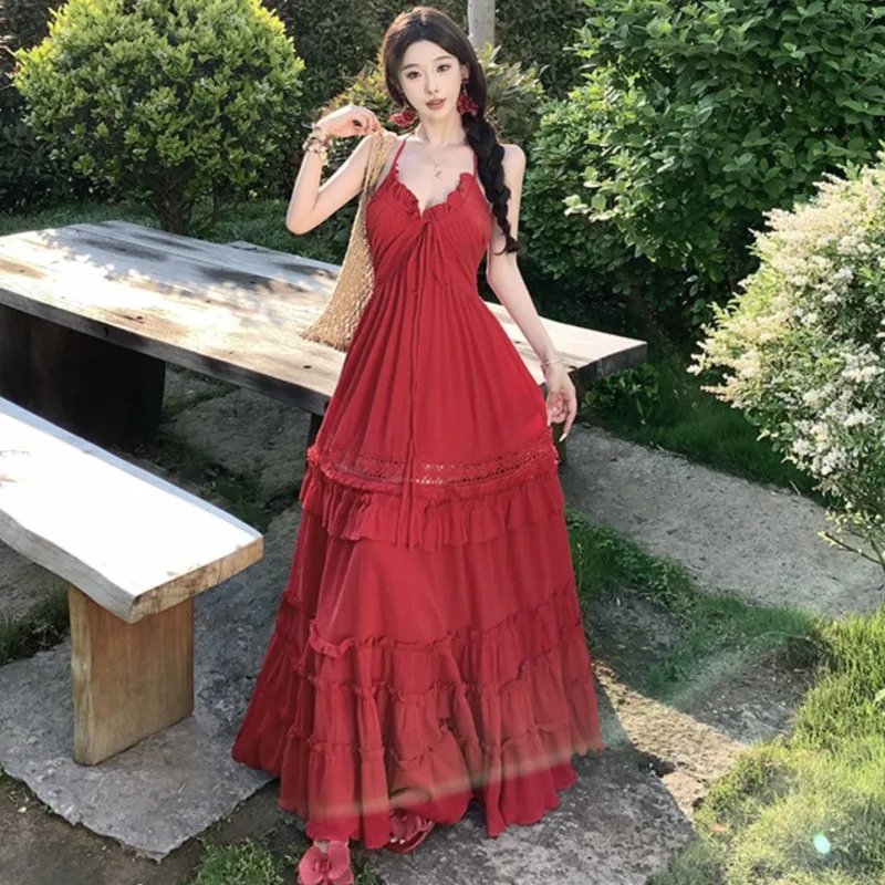 

2025 French Retro Red Long Dress V-neck Halter Dress Women Summer Sexy Backless Cake Dresses Casual Boho Beach Holiday Dress