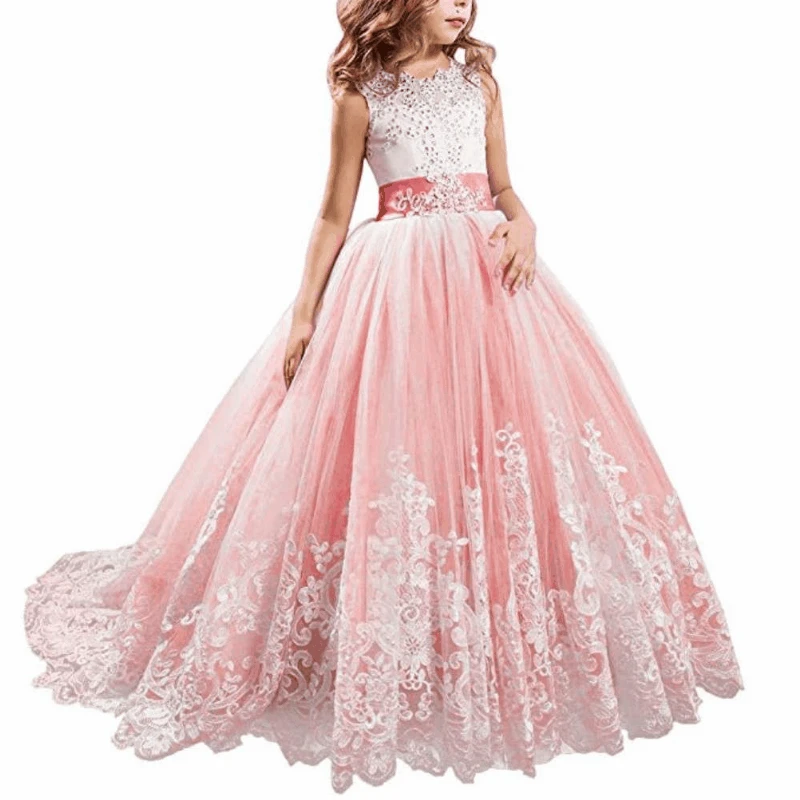 New Party Gown For Kids 2-14 Years Lace Patchwork Flower Girl Dresses Bows  First Communion Dress Tulle Ball Gowns With Trailing