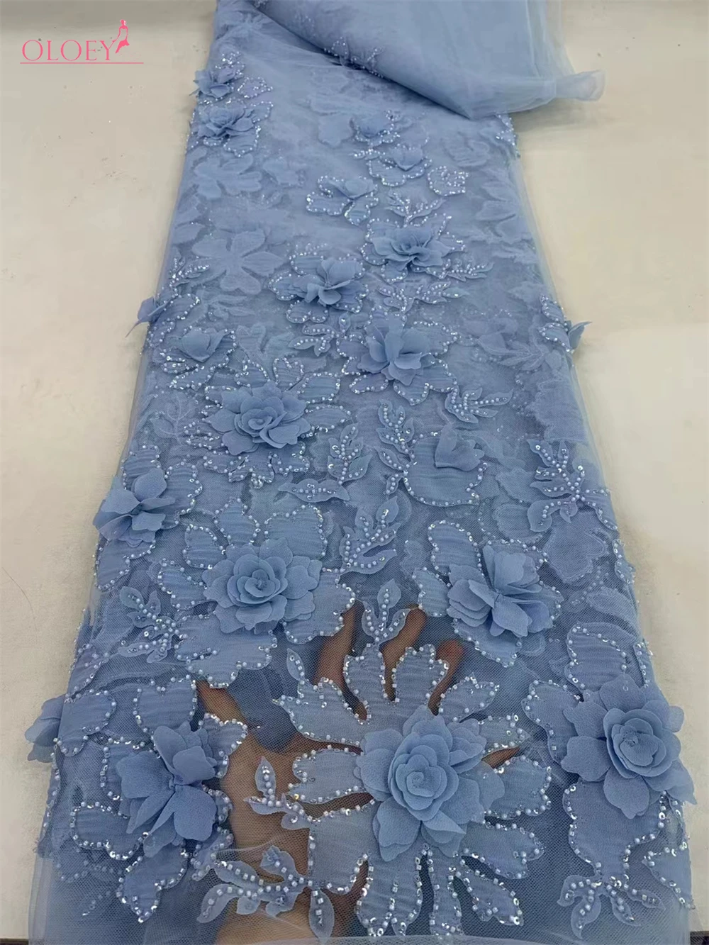 High Quality Fashion French Mesh 3D Flowers Embroidery Beaded Lace Fabric With Sequin African Fabric For Wedding  Party Dress