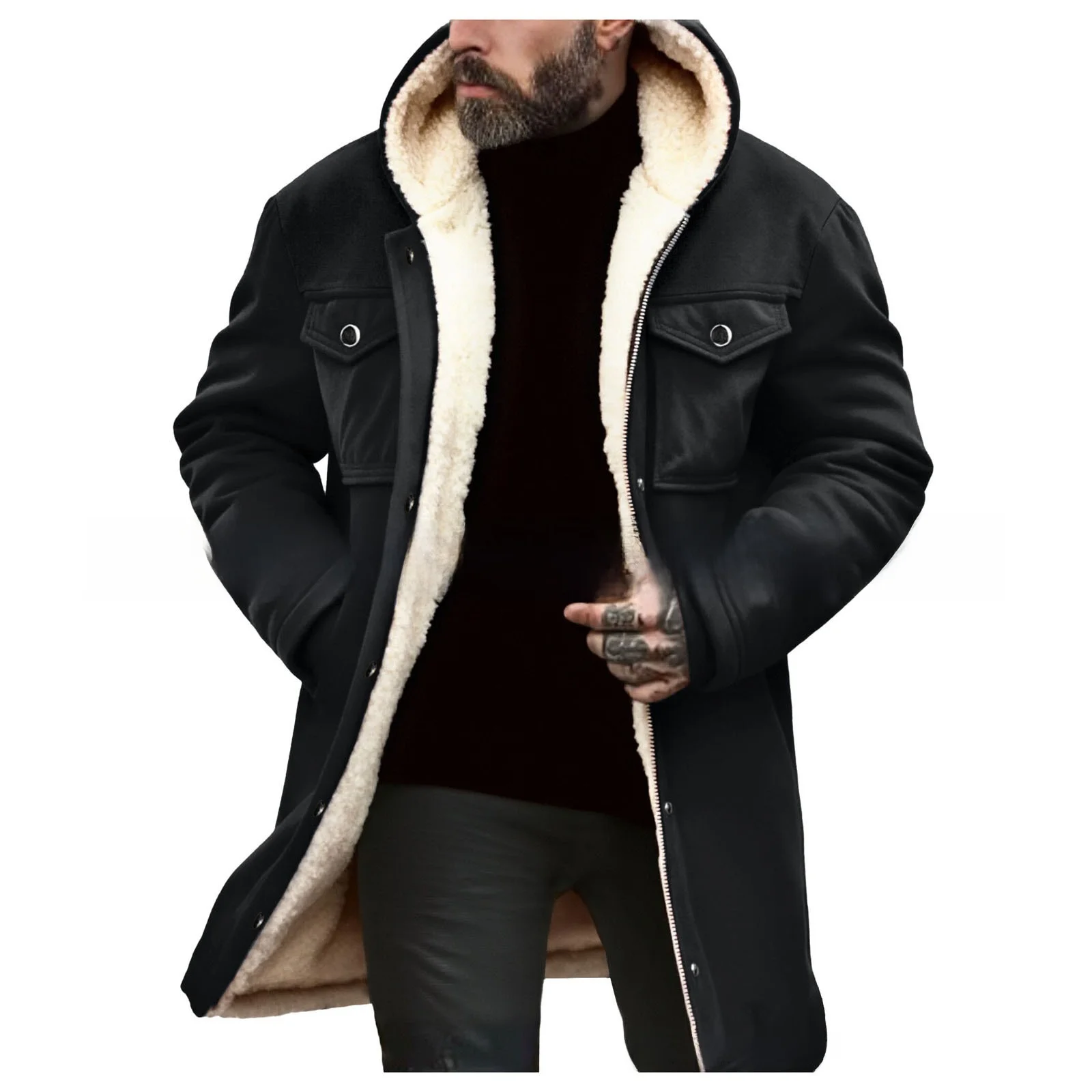 Men's Suede Jacket Autumn Winter Thickened Zipper Multi-Pocket Color Block Long Coat Business Cotton Blend No Brand