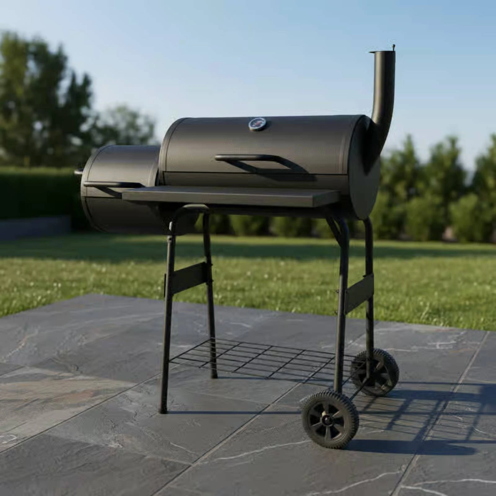 Offset Smoker Grill Side Firebox Barbecue Smoker Grill Cookout Equipment Storage Rack Garden Cooker Front Shelf