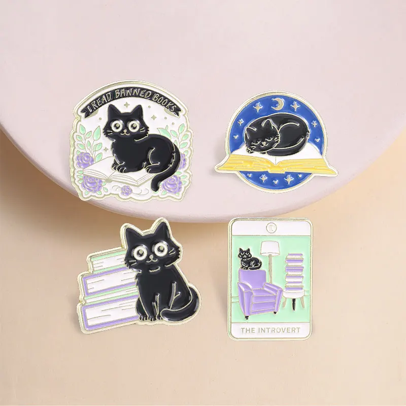 Cartoon Black Cat Reading Enamel Pin I Banned Books Floral Cat Tarot Cards The Introvert Brooch Bag Lapel Badge Fun Jewelry Gift