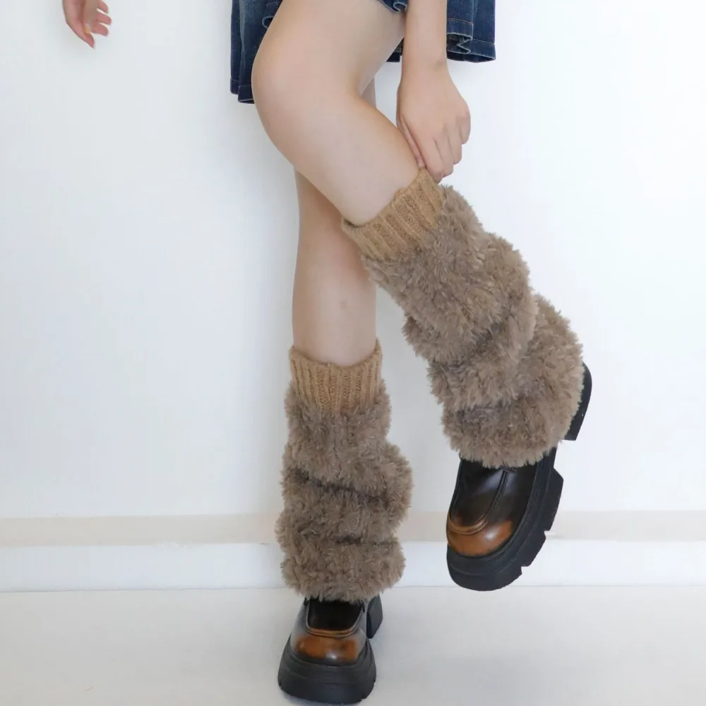 

Y2K Plush Furry Knitted Cuffs Solid Color Thick Winter Boot Toppers Fuzzy Footless Socks Women
