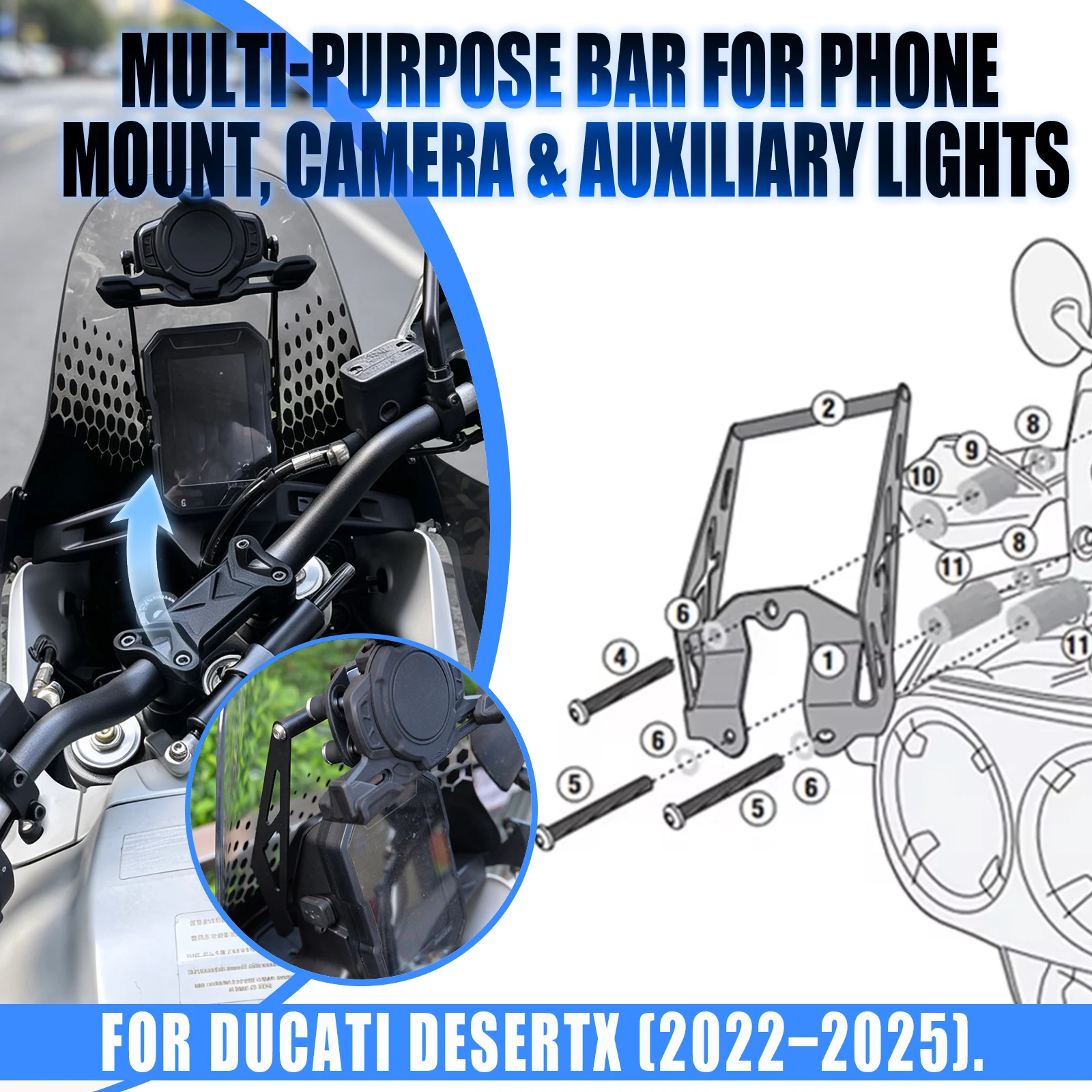 Motorcycle GPS Navigation Mount Holder Phone Stand Dashcam Rack 12mm 22mm For Ducati DesertX 2022 2023 2024 2025