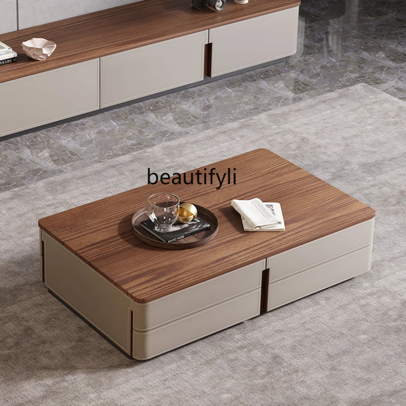 Saddle Leather Coffee Table TV Cabinet Combination Modern Home Living Room Small Apartment Wall Locker High-End Lengthened