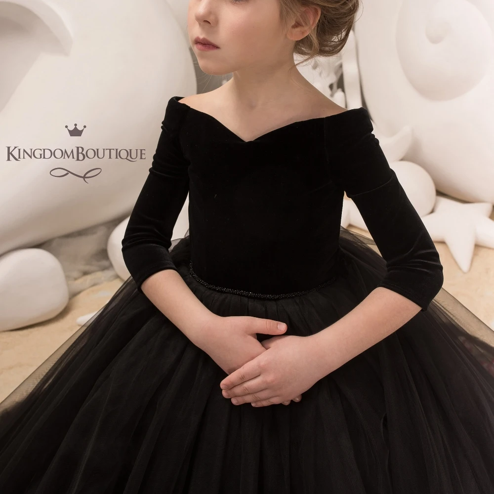 Lorencia Sparkly Black Long Sleeve Flower Girl Dress For Wedding 2023 Ball Gown Kids Pageant Gowns First Communion Dress YFD029