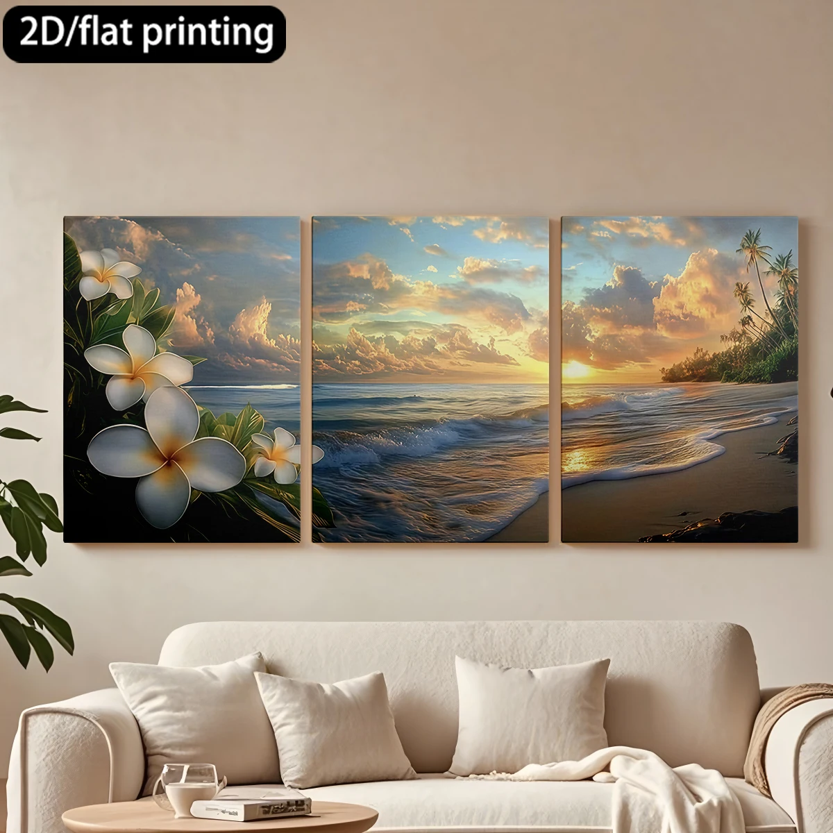 Juego de 3 Cuadros Decorativos con Marco de Madera, Plumeria, Playa, Atardecer, Paraíso Tropical, Decoración para Pasillo, Sala de Estar