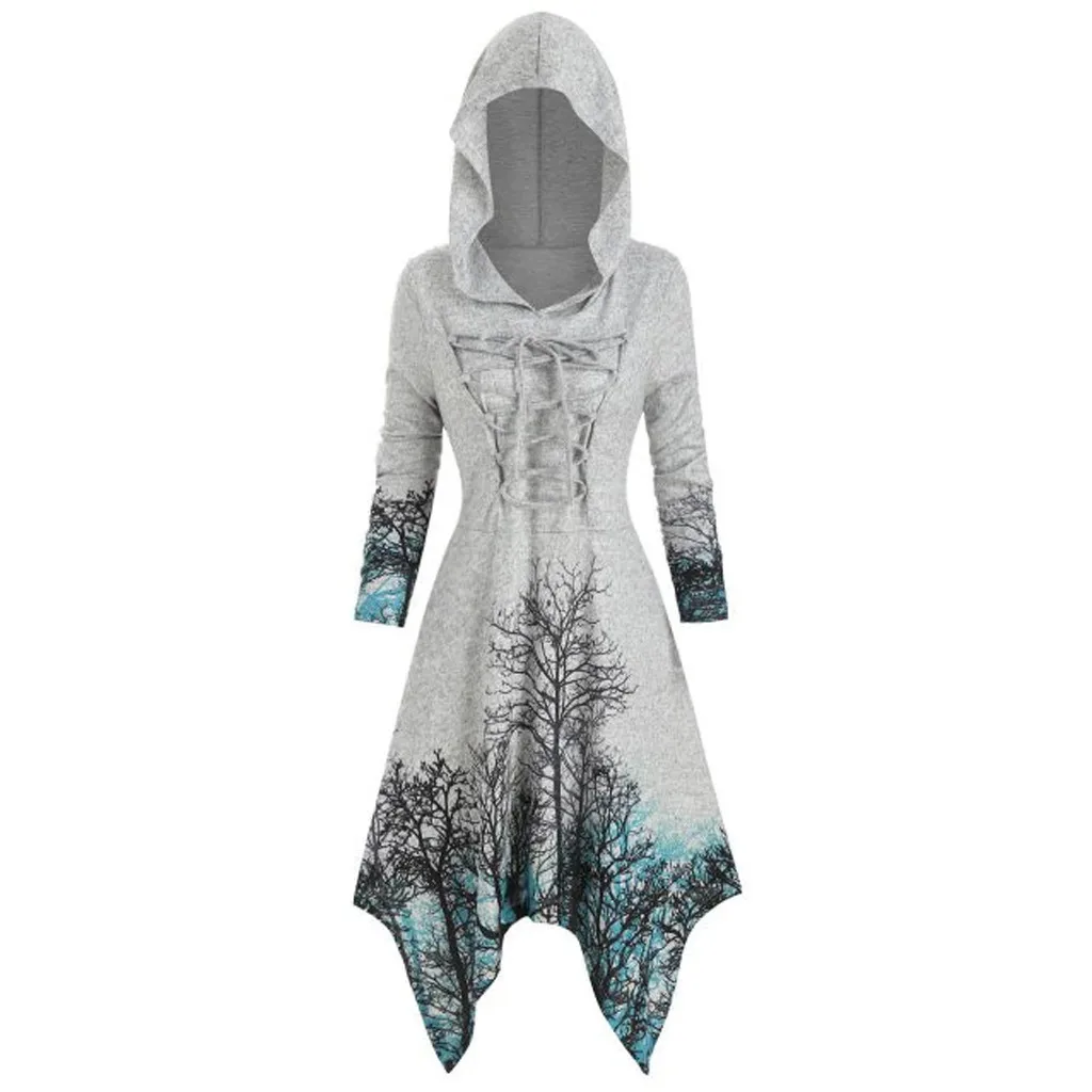 

Hot Selling Women's Plus Size Tree Print Lace Up Long Sleeved Hooded Irregular Dress in Europe and America, Classic Medieval