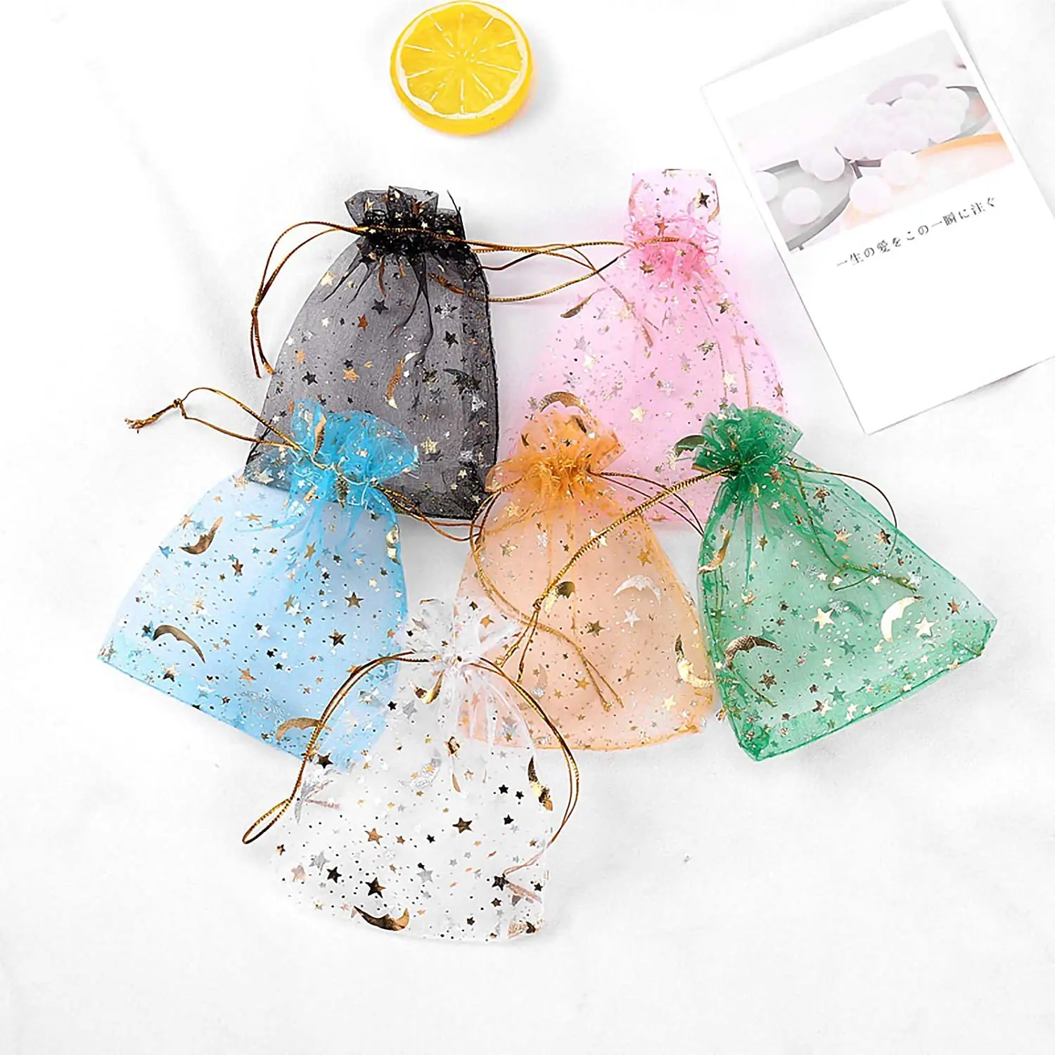 50/100 Pcs/Lot 7x9 9x12 10x15 13x18cm Printing Star Moon Christmas Organza Sack Drawstring Charm Packaging Bags Daily Jewelry