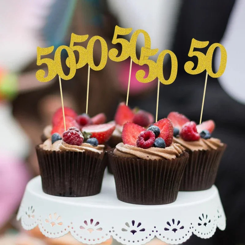 YOMDID 12 glitzernde Cupcake-Topper zum 50. Geburtstag, Kucheneinsatz, 50. Kuchenaufsatz für Geburtstags- und Jubiläumsfeier-Dekoration