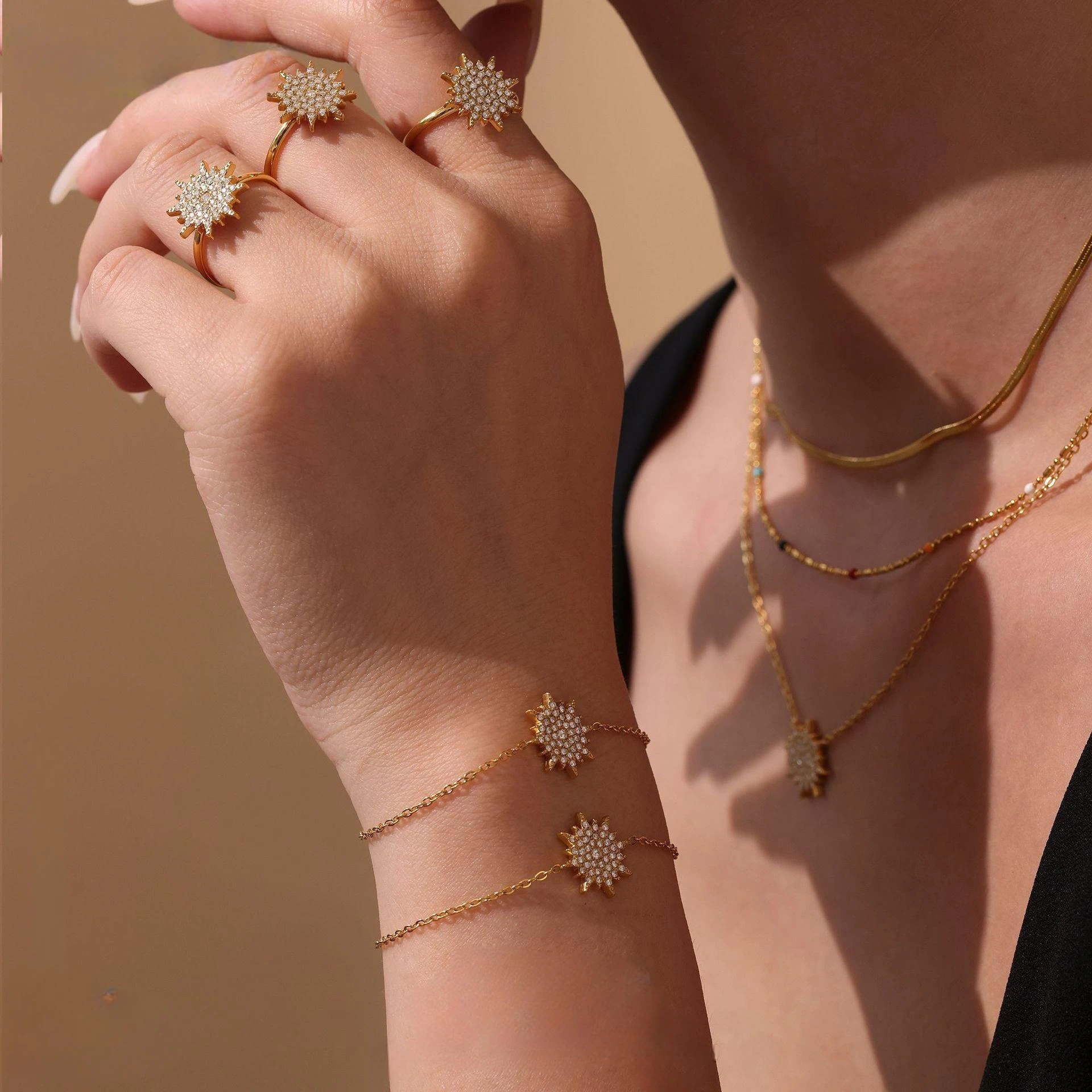 5A Zircon Sun Shine Necklace Bracelet Ring INS Luxury Stainless Steel Jewelry Set