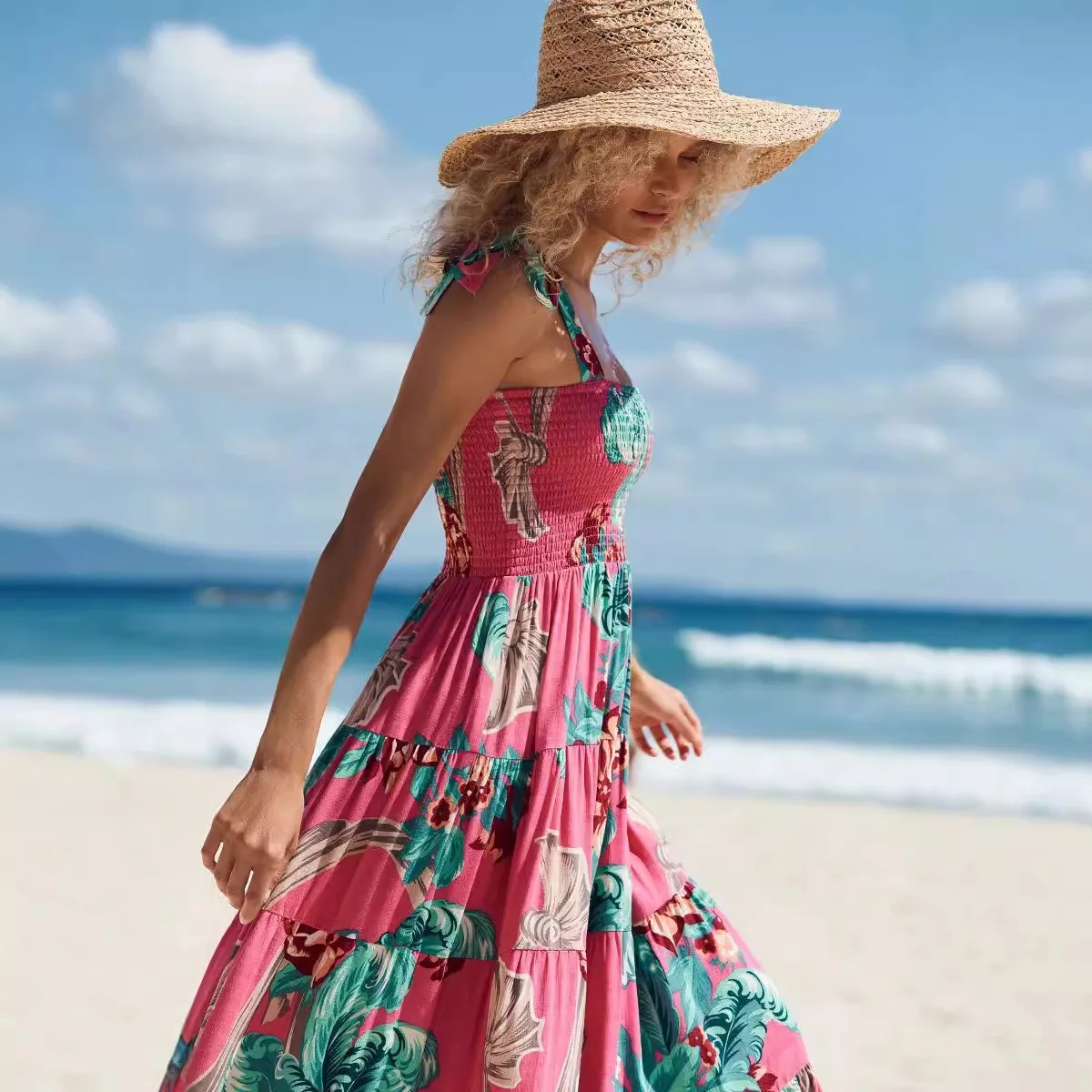 새로운 2025 여름 여성 Boho 미디 드레스 패션 프린트 스파게티 스트랩 섹시한 민소매 홀리데이 비치 드레스 여성 파티 Vestidos