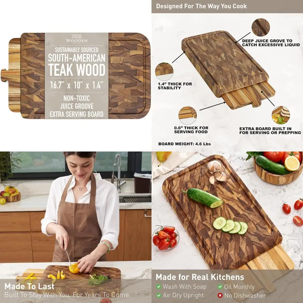 

Large Teak Wood Kitchen Cutting Board - 2-in-1 Serving Tray and Charcuterie Board with Juice Groove, Food-Safe, Gift-Ready, 16.7