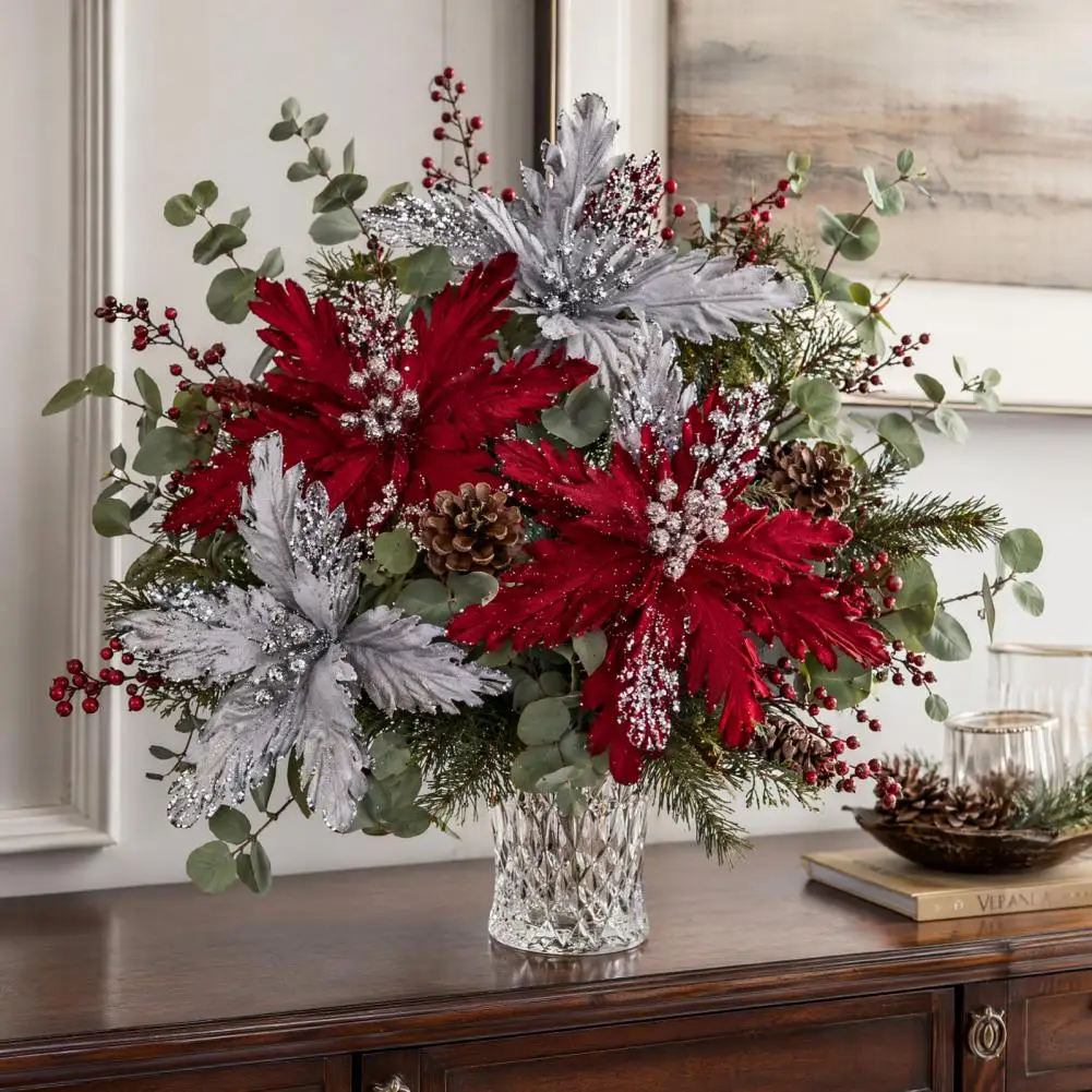 Glitter Christmas Flower Decorations Artificial Christmas Flowers with Gold Powder Beads Multi-layered Fabric Petals for Holiday