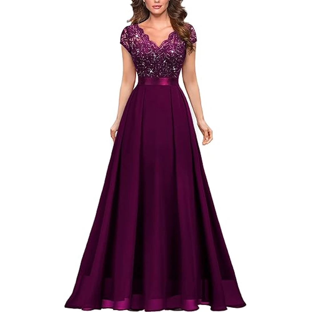 

Элегантное женское макси-платье с V-образным вырезом, короткими рукавами, пайетками и цветочным кружевом для торжественных мероприятий и свадеб