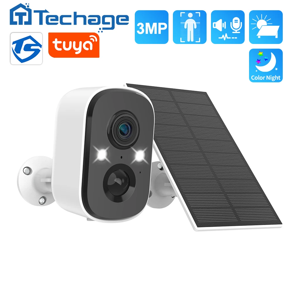 Techage Tuya 3MP inalámbrico Sloar batería cámara IP protección de seguridad WiFi PIR cámara compatible con Alexa Audio bidireccional detección humana