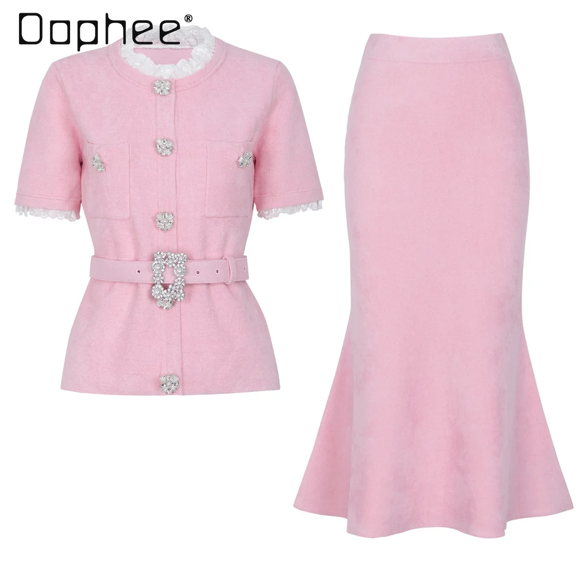 

Summer New Temperament Celebrity Hepburn Style Outfits Knitted Round Neck Short Sleeve Knitted Top Jacket + Skirt Two-piece Set