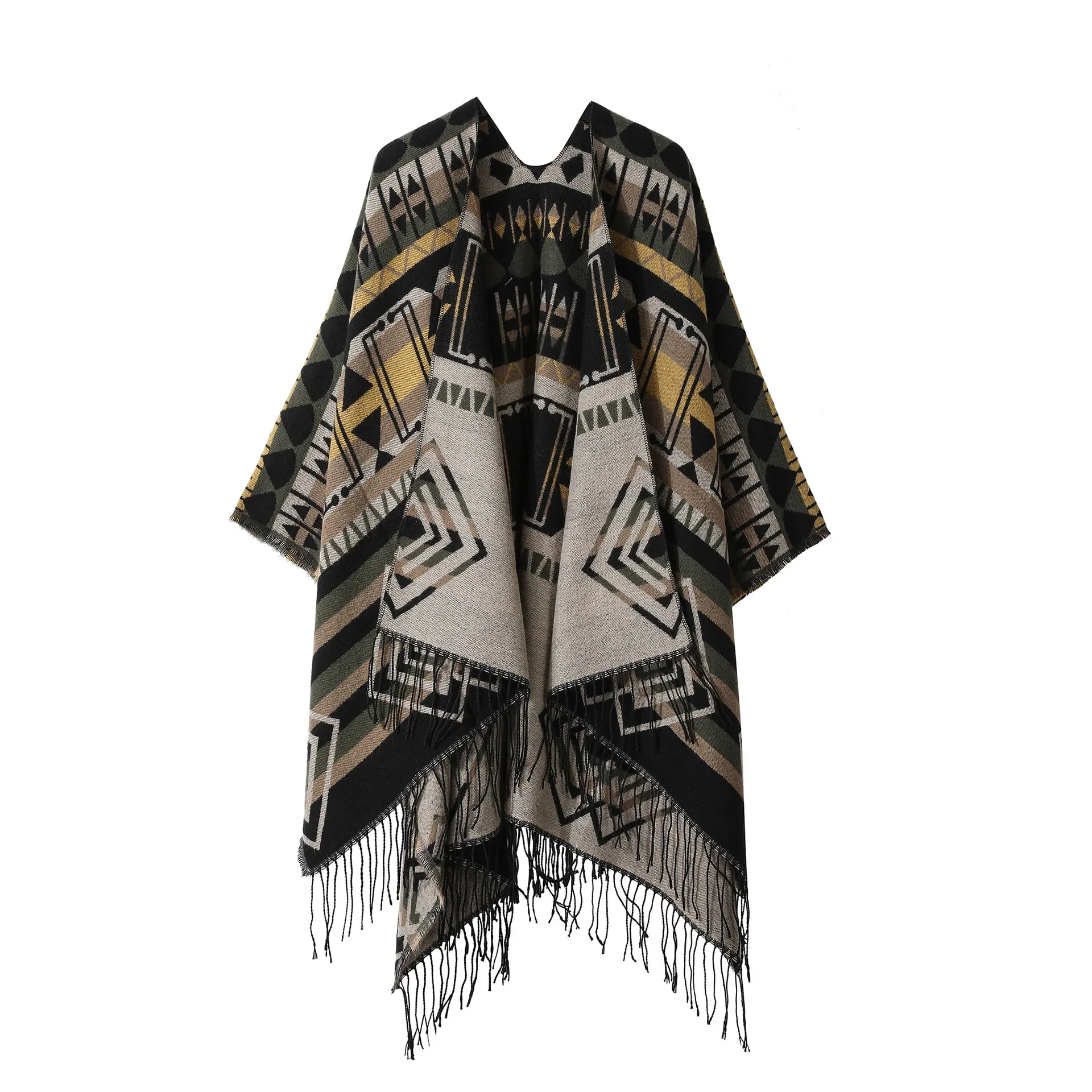 Poncho New Split Warm Shawl Vintage Ethnic Style Scarf Imitation Cashmere Tassel Women Cape Lady Cloak Warm Coat Khaki