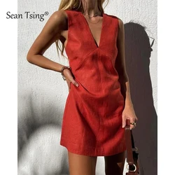 2024 Leinen Sommer Frauen Kleider Sexy V-ausschnitt Ärmelloses Grundlegende Tank Kleid Elegante Party Kleider Chic Boho Sommerkleid