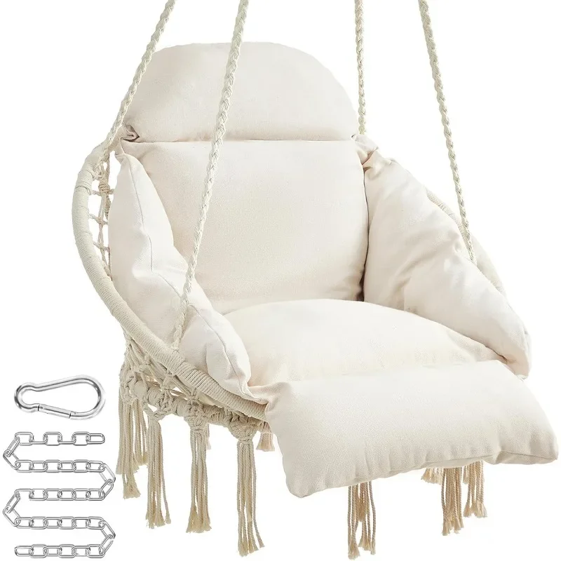 Hanging Chair, Hammock Chair with Large, Thick Cushion, Boho Swing Chair for Bedroom, Patio, Balcony, Garden,