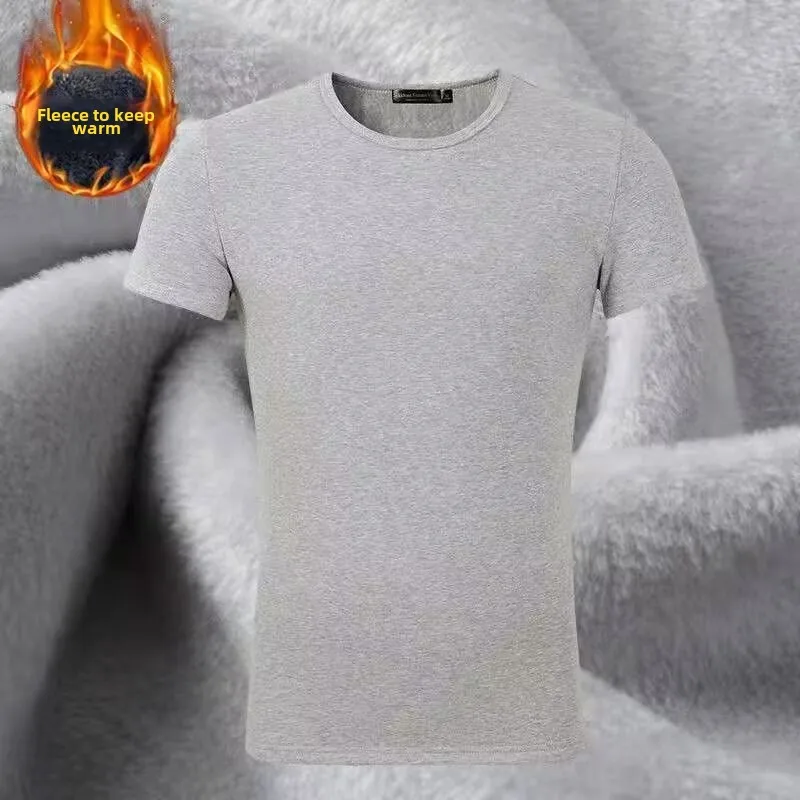 New Winter Men's Velvet Short Sleeve T-shirt Base Shirt Autumn/Winter Warm Underwear Half Sleeve Top Thermal Short Sleeve Men