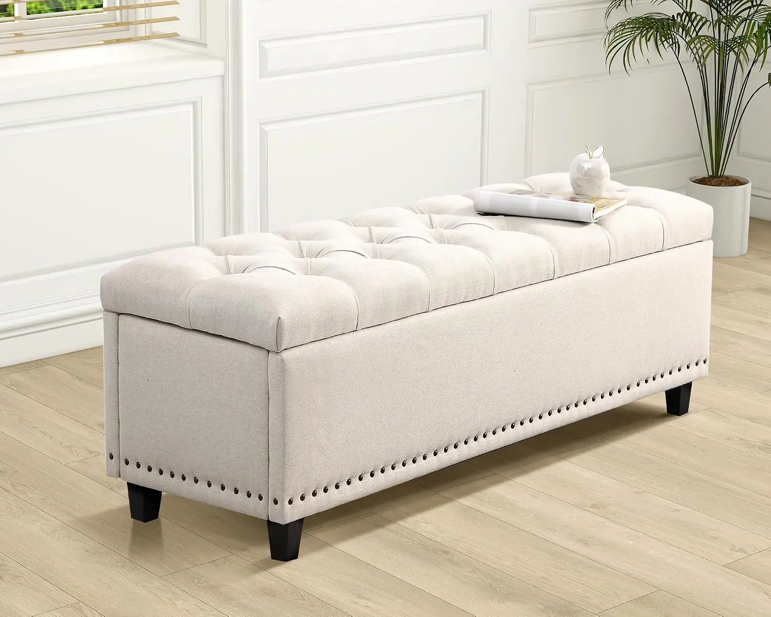 Upholstered Storage Ottoman Bench, Rectangular End Of Bed Organizer Chest, Deep Living Room Seating Trunk With Button Tufted Top, Classic Bedroom Footrest Stool, Beige