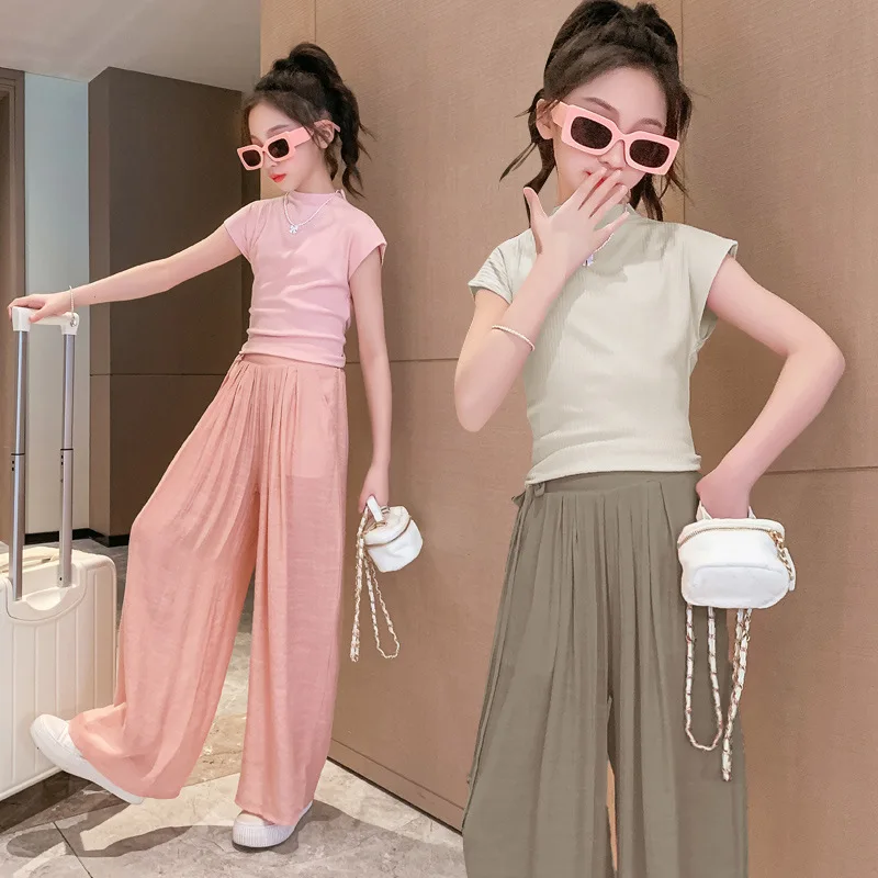 

Girls Suits Summer Set 2024 New Girls Big Kids Fashion Solid Color T-shirt Children Wide-leg Pants Two-piece Set Clothes