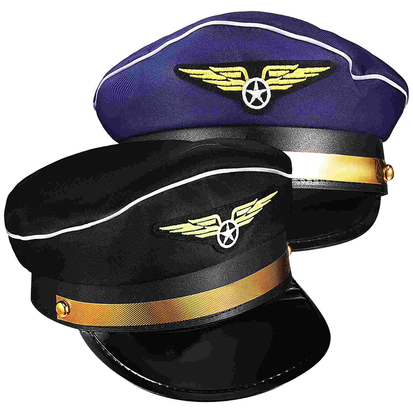 

2 Pcs Flight Attendant Pilot Hat Aerospace (Blue + Black) 2-pack Captain Prop Stewardess Hats Polyester