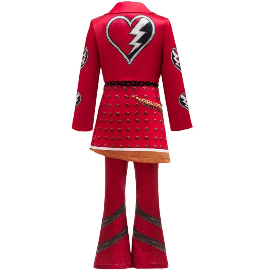 Red Heart Print 3pcs Girls Rock Dress Up Outfit Jacket Top Skirt Flare Pants Kids Halloween Birthday Holiday Party Costume TAN06