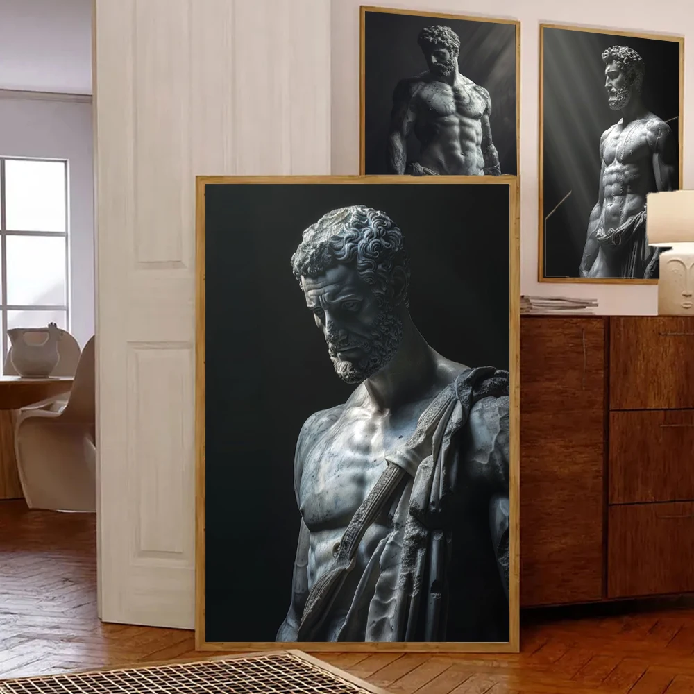 

Greek Mythology Stoic Hercules Statue Poster Print Dark Background Sculpture Canvas Painting Modern Aesthetic Home Decor Cuadros