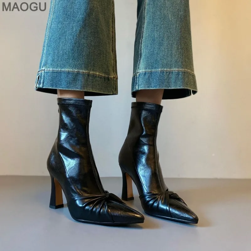 

Винтажные коричневые женские ботильоны, модные элегантные туфли с острым носком, осень-зима, женские дизайнерские короткие ботильоны на высоком каблуке, черные