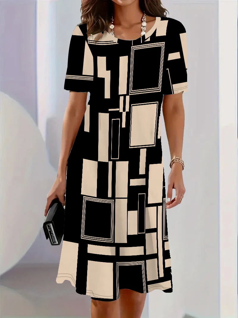Retro Women's Dress Summer Short Sleeve Round Neck Casual Mini Dress 3D Plaid Print Fashion Street Dress Vestidos