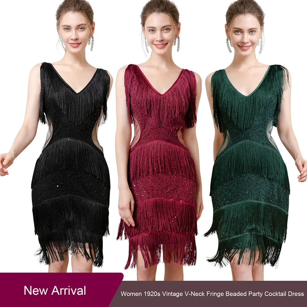 

Women 1920s Vintage V-Neck Gatsby Flapper Dress Sexy Open Back Strap Fringed Cocktail Evening Prom Party Dress