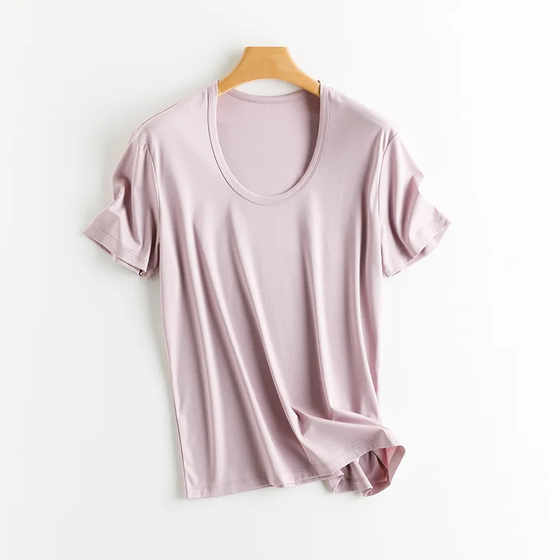 SuyaDream, Women Solid T Shirts, Silk Cotton Blend, Square Collar, Short Sleeved Tee, 2025 Summer Candy Colors Basic Cozy Top