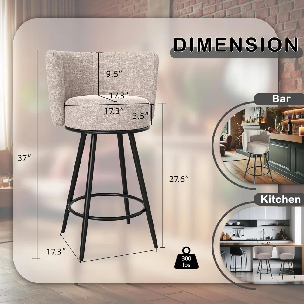 Bar Stools Set of 6, 27" Tufted Modern Counter Height Bar stools, Upholstered Barstools with Back & Footrest Metal Legs, Stools