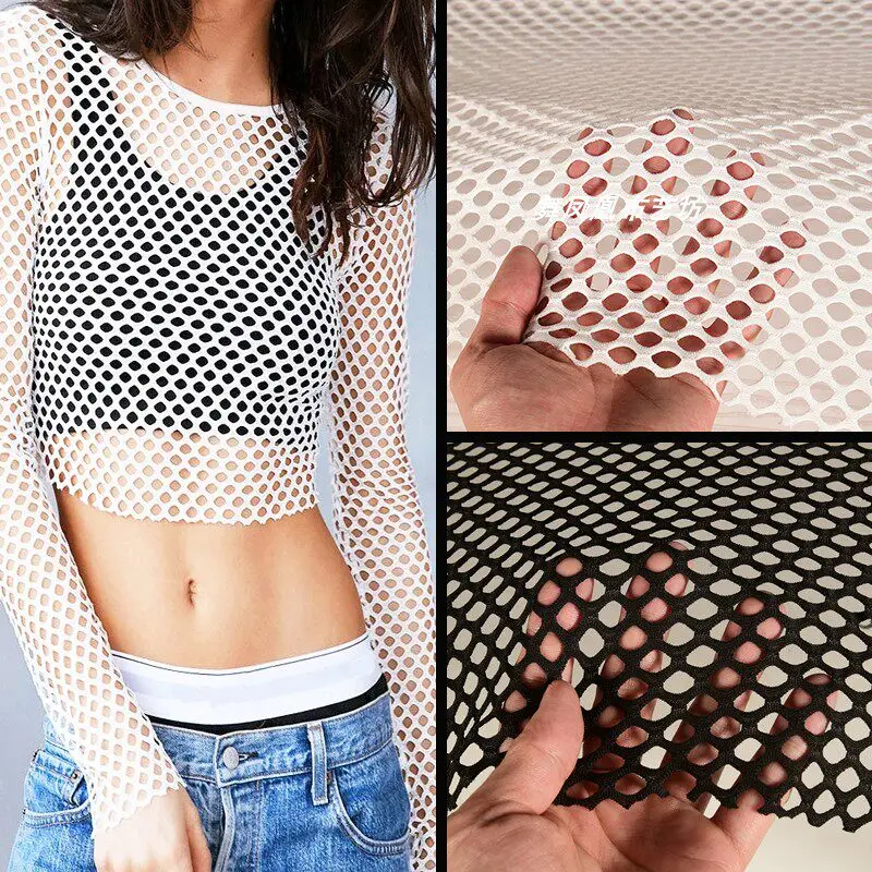 4 Way Stretch Soft Diamond Large Mesh Fabric By The Meter for Clothing Dress Skirt Crafts Sewing Elastic Net Cloth Black White
