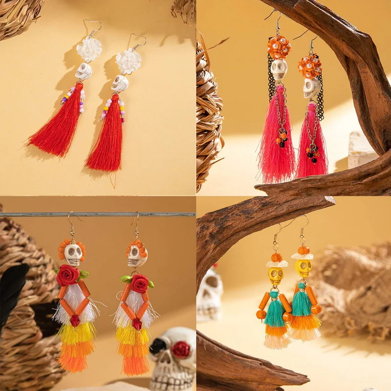 Fashion New Halloween Creative Funny And Interesting Skull Tassel Rice Bead Earrings Personalized Temperament Jewelry