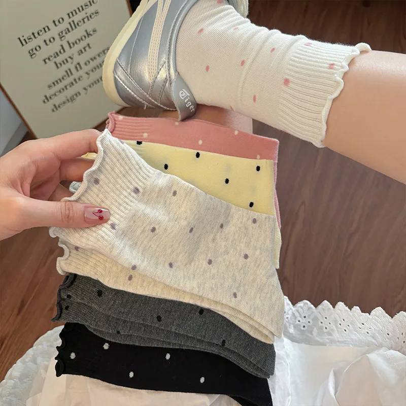 5/10 Pairs Women Wave Edged Dot Mid Tube Socks Fashionable Spring Autumn Ballet Style Soft Comfortable All Seasons Casual Socks