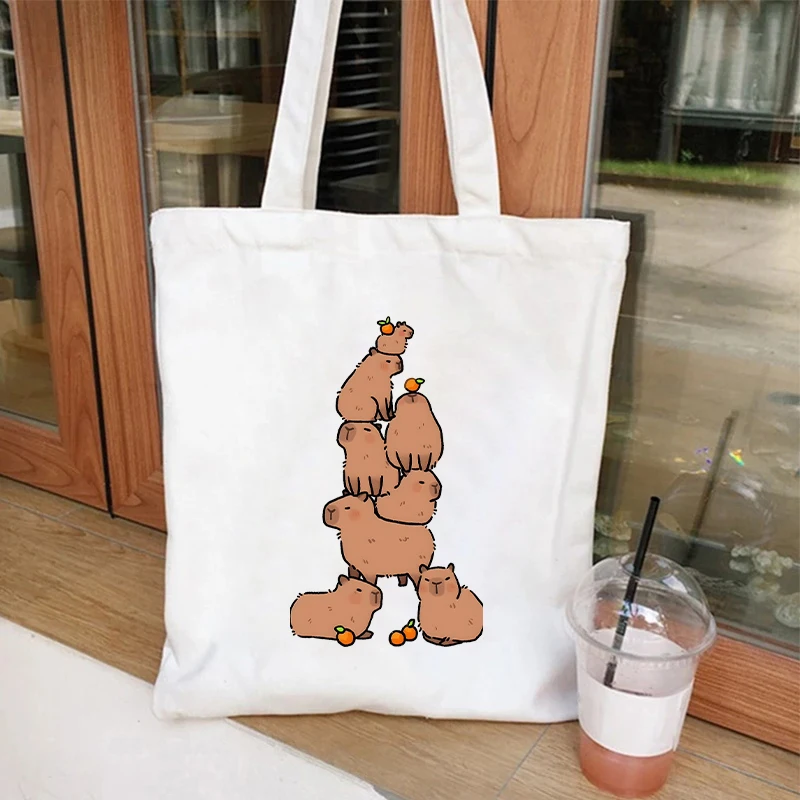 Cute Capybara Anime Shopping Bags for Women Reusable Recycle Bag Canvas Eco Shopping Bags Capybara Cartoon Shopper Tote Handbags