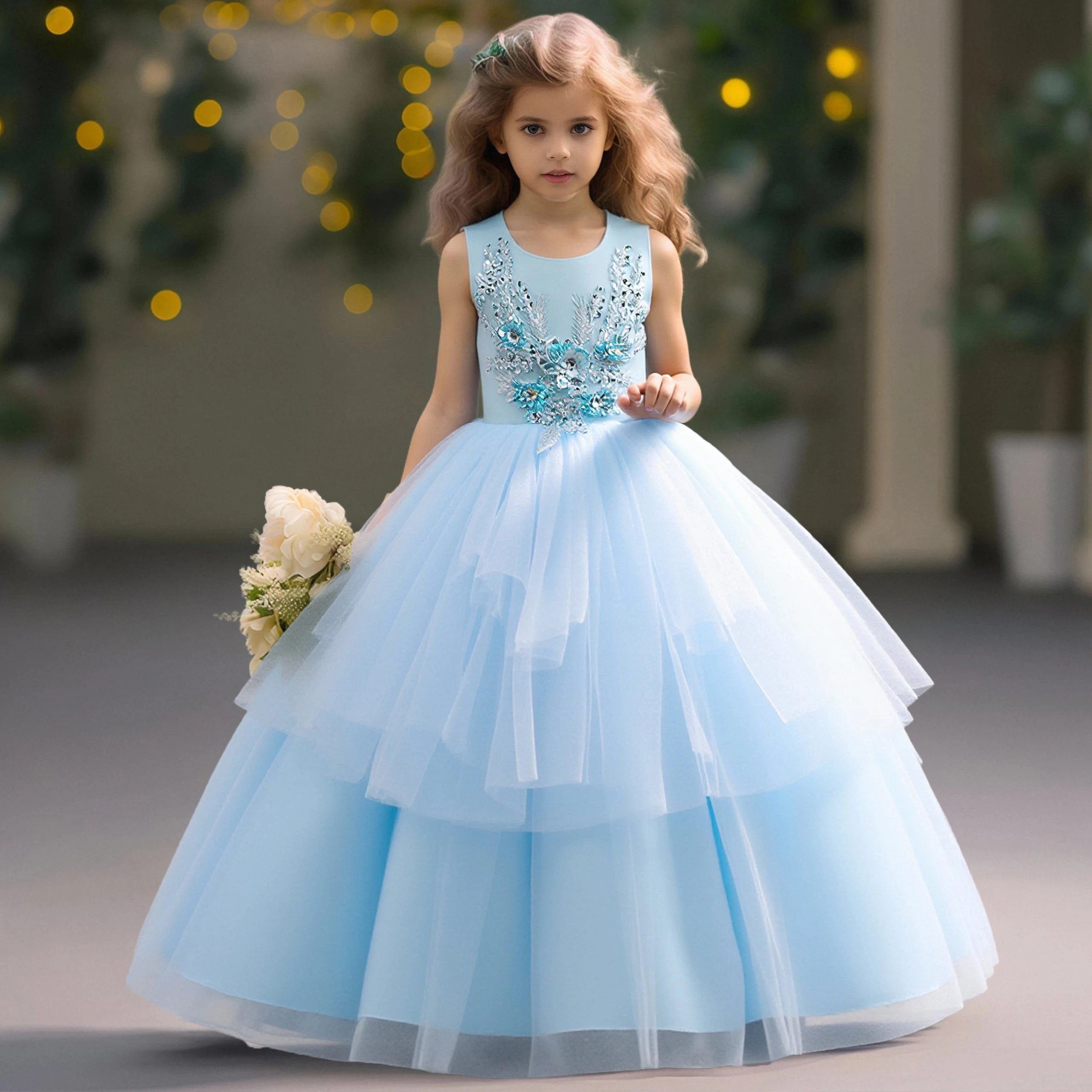 

Vintage Flower Bridesmaid Party Dresses for Girl Elegant Lace Birthday Wedding Princess Prom Dress Bow Evening Christmas Costume